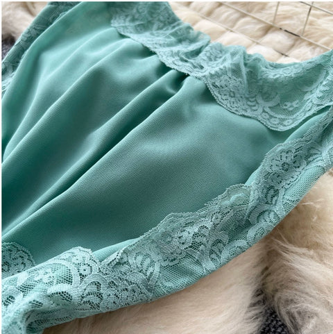 Backless Green Lace Patchwork Slip Dress