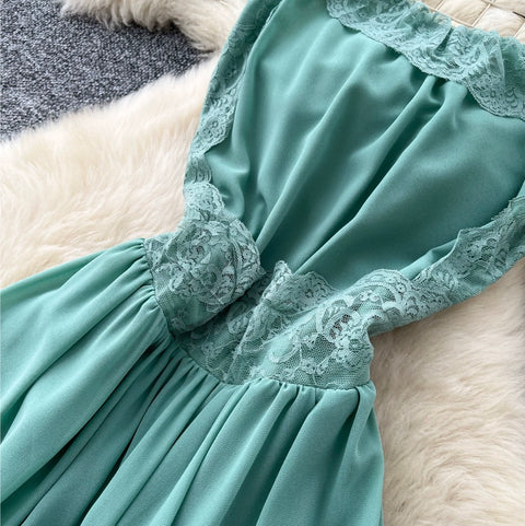 Backless Green Lace Patchwork Slip Dress