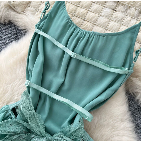 Backless Green Lace Patchwork Slip Dress
