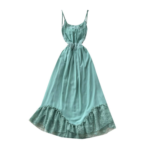 Backless Green Lace Patchwork Slip Dress
