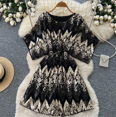 Monogrammed Sequined Black Dress