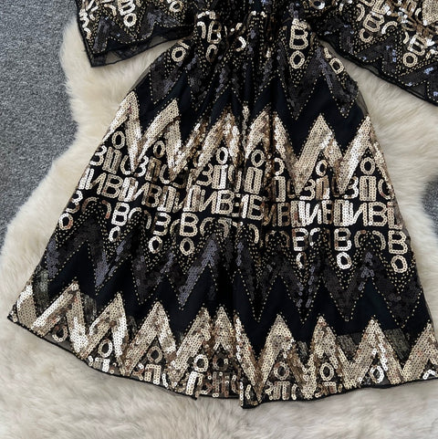 Monogrammed Sequined Black Dress