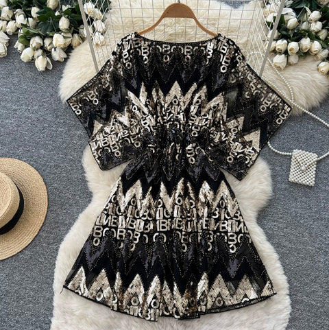 Monogrammed Sequined Black Dress