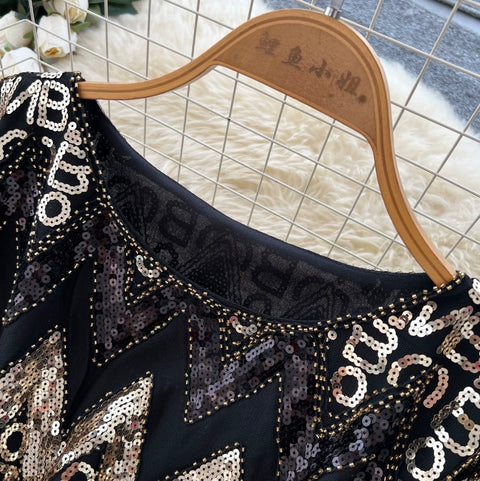 Monogrammed Sequined Black Dress