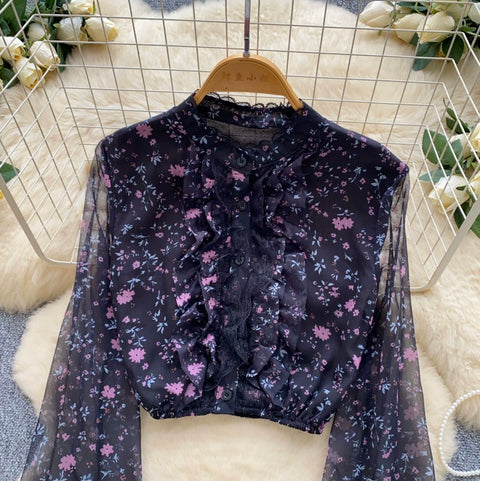Mini Floral Print Mesh Shirt