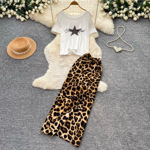Chic T-shirt & Leopard Print Skirt 2Pcs