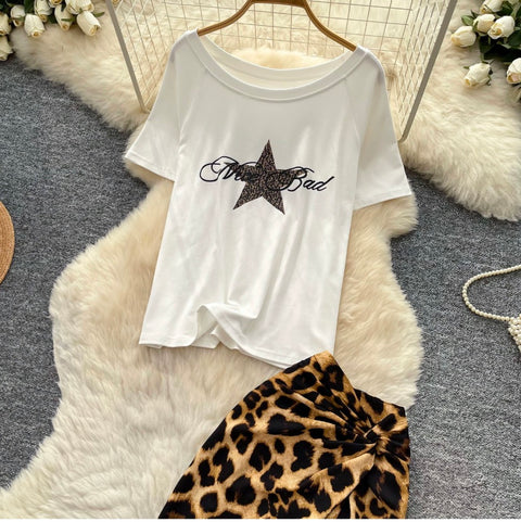 Chic T-shirt & Leopard Print Skirt 2Pcs