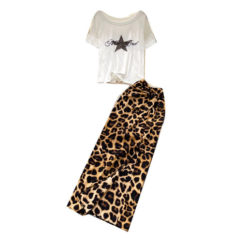 Chic T-shirt & Leopard Print Skirt 2Pcs
