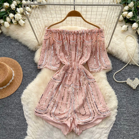 Off-shoulder Pink Sequined Rompers
