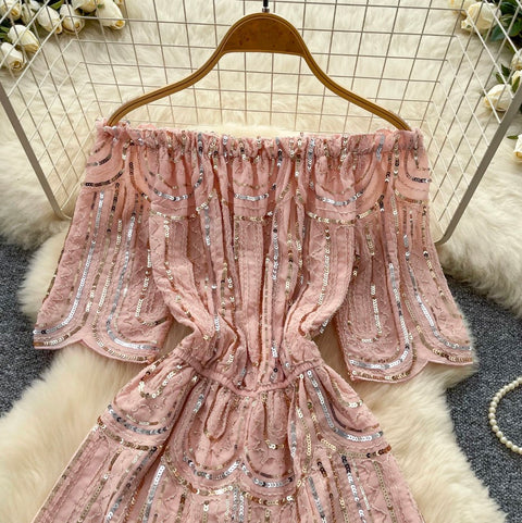 Off-shoulder Pink Sequined Rompers