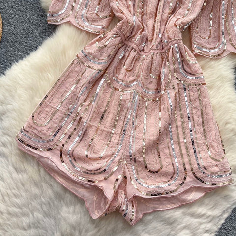 Off-shoulder Pink Sequined Rompers