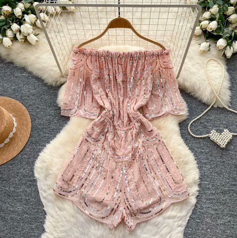 Off-shoulder Pink Sequined Rompers