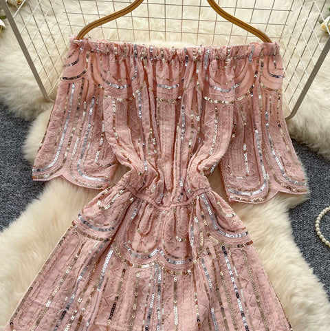 Off-shoulder Pink Sequined Rompers