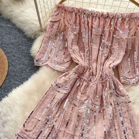 Off-shoulder Pink Sequined Rompers