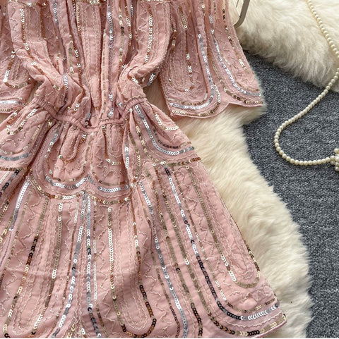 Off-shoulder Pink Sequined Rompers