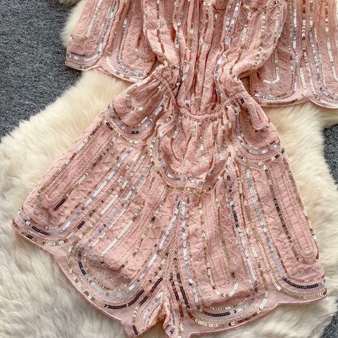 Off-shoulder Pink Sequined Rompers