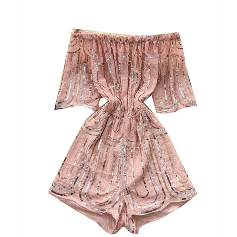 Off-shoulder Pink Sequined Rompers