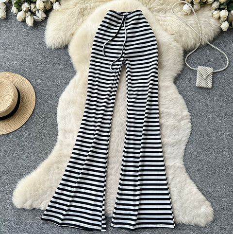 Stretchy Striped Print Flared Pants