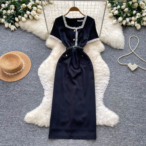 Square Neckline Lace Trim Dress