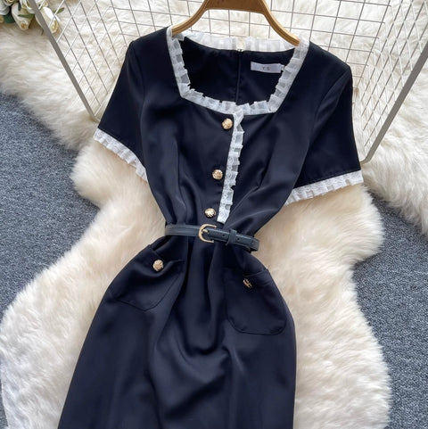 Square Neckline Lace Trim Dress