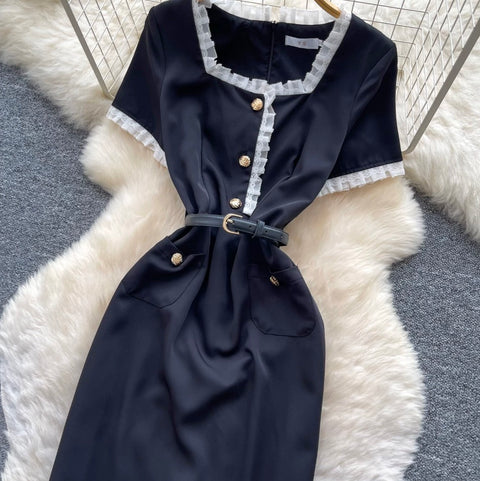 Square Neckline Lace Trim Dress
