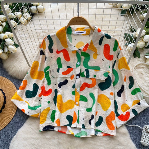 Casual Rhinestone Studded Print Shirt