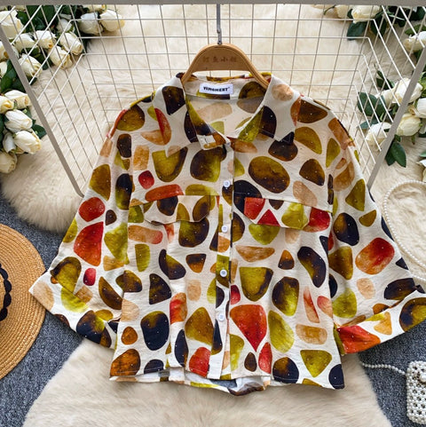 Casual Rhinestone Studded Print Shirt