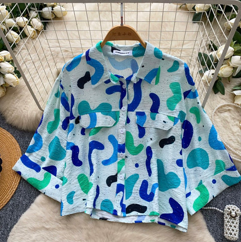 Casual Rhinestone Studded Print Shirt