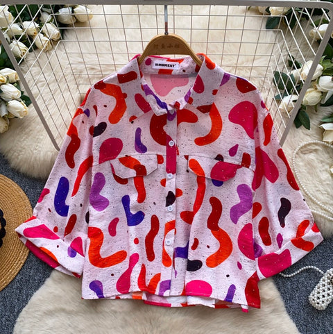 Casual Rhinestone Studded Print Shirt