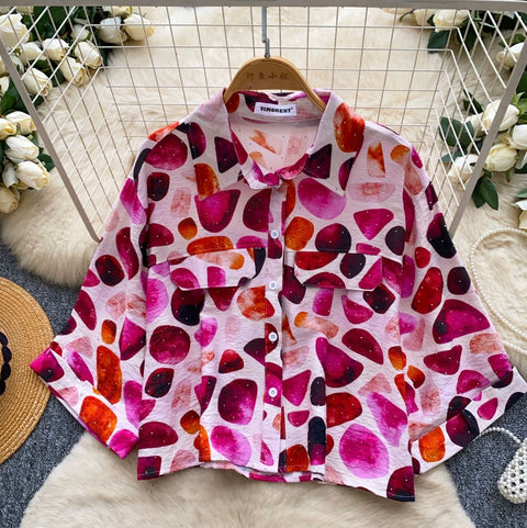 Casual Rhinestone Studded Print Shirt