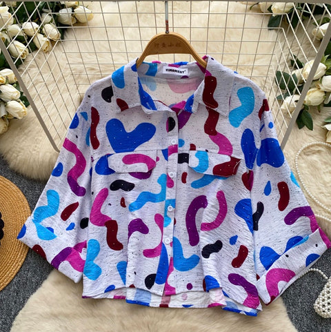 Casual Rhinestone Studded Print Shirt