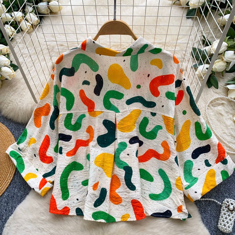 Casual Rhinestone Studded Print Shirt