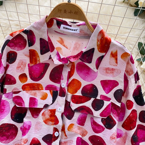 Casual Rhinestone Studded Print Shirt