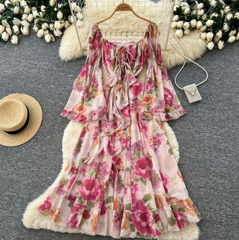 Flared Sleeve Ruffled Floral Dress