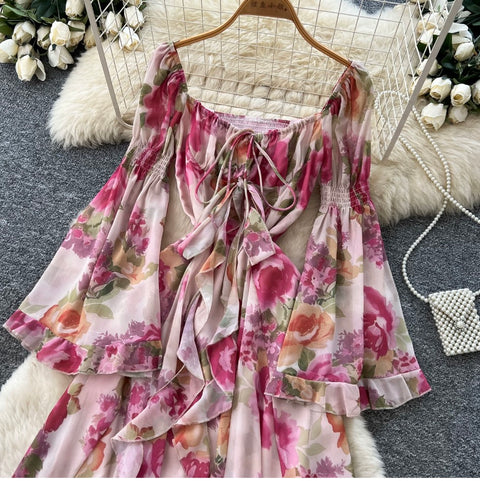 Flared Sleeve Ruffled Floral Dress