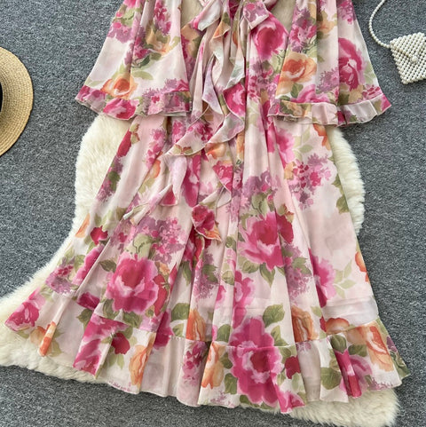 Flared Sleeve Ruffled Floral Dress