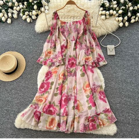 Flared Sleeve Ruffled Floral Dress