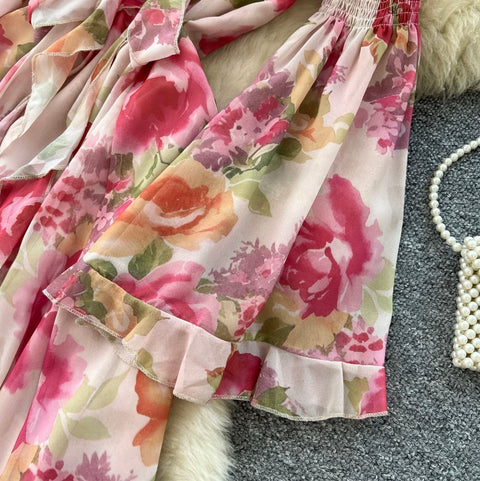 Flared Sleeve Ruffled Floral Dress