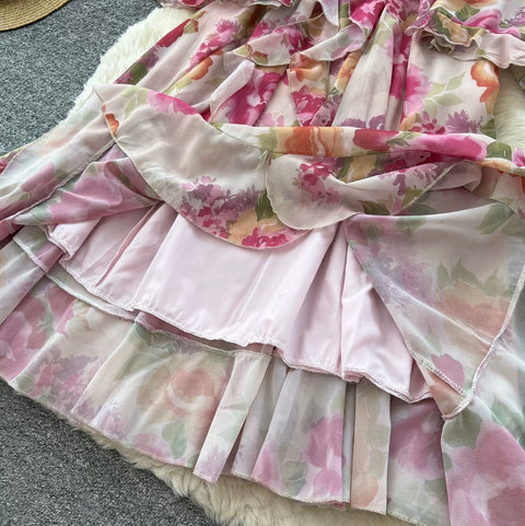 Flared Sleeve Ruffled Floral Dress