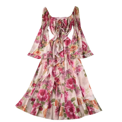 Flared Sleeve Ruffled Floral Dress