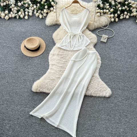 V-neck Knitwear & Skirt 2Pcs Sets