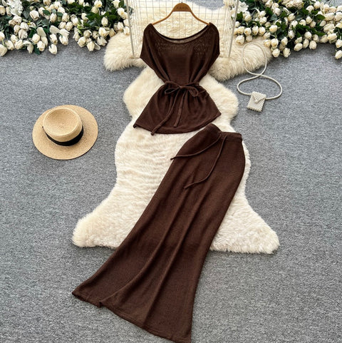 V-neck Knitwear & Skirt 2Pcs Sets