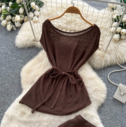 V-neck Knitwear & Skirt 2Pcs Sets