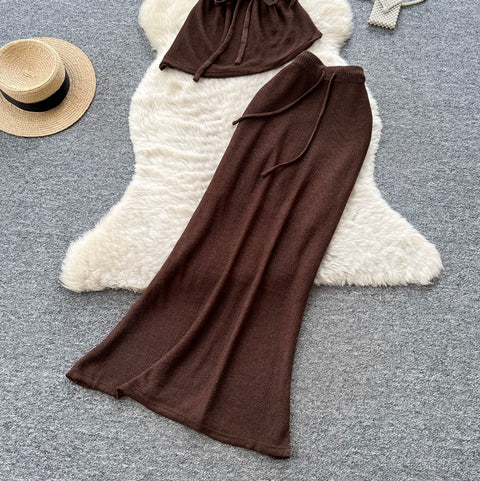V-neck Knitwear & Skirt 2Pcs Sets