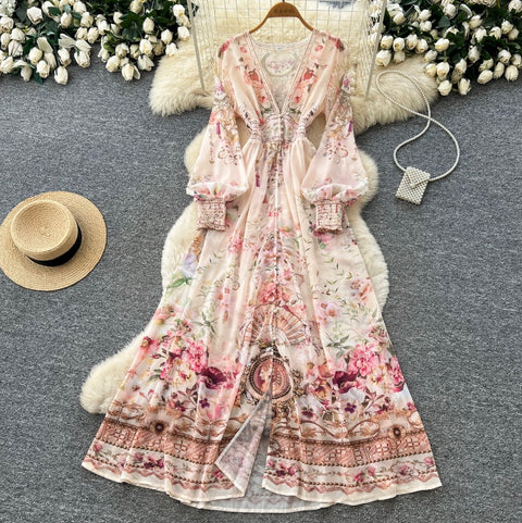 French Style V-neck Floral Dress