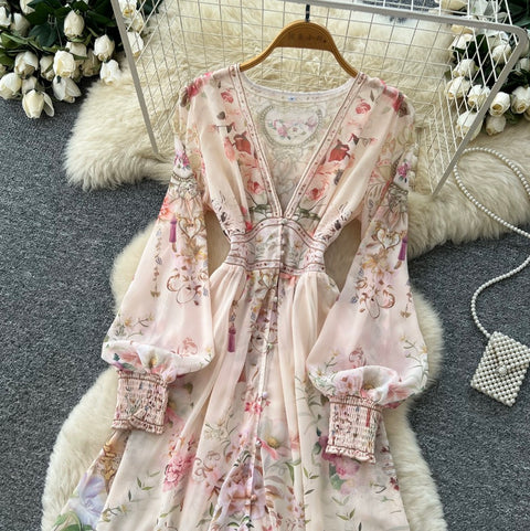 French Style V-neck Floral Dress