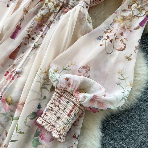 French Style V-neck Floral Dress