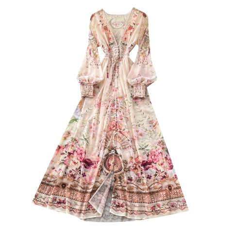 French Style V-neck Floral Dress