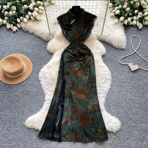 Floral Print Split Cheongsam Dress