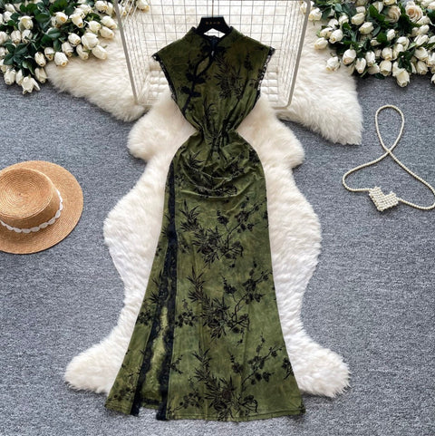 Floral Print Split Cheongsam Dress